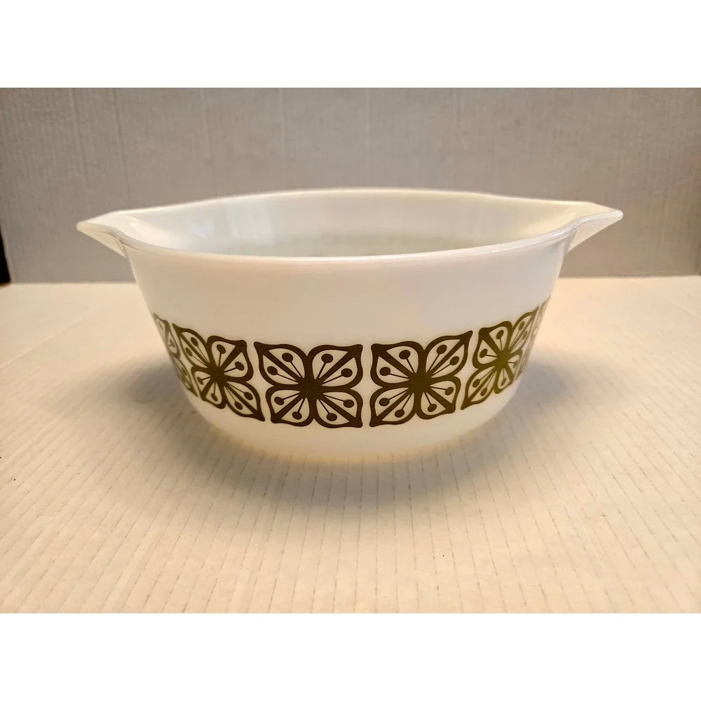 Vtg Pyrex 475-B 2.5Qt Cinderella‎ Casserole, Square Flowers (Verde), Made in USA
